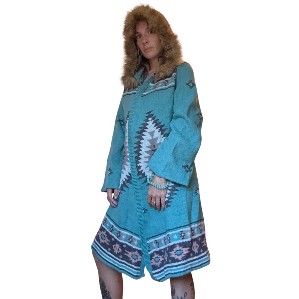 NWT Southwestern Aztec Teal Long Cardigan Open Front W Fur Lined Hood Size Small